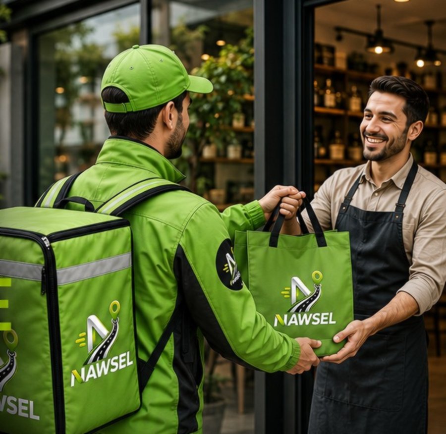 Remise d'une commande d'un commerçant à un livreur NAWSEL