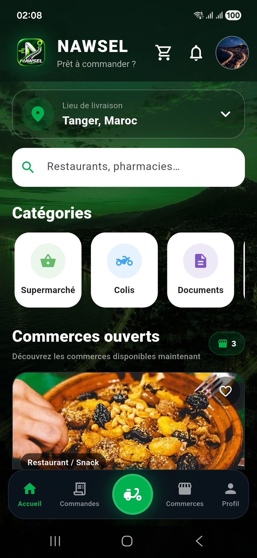 Écran d'accueil de l'application NAWSEL sur téléphone