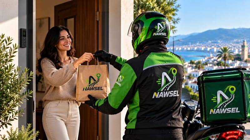 Livreur NAWSEL remettant un colis en main propre à Tanger