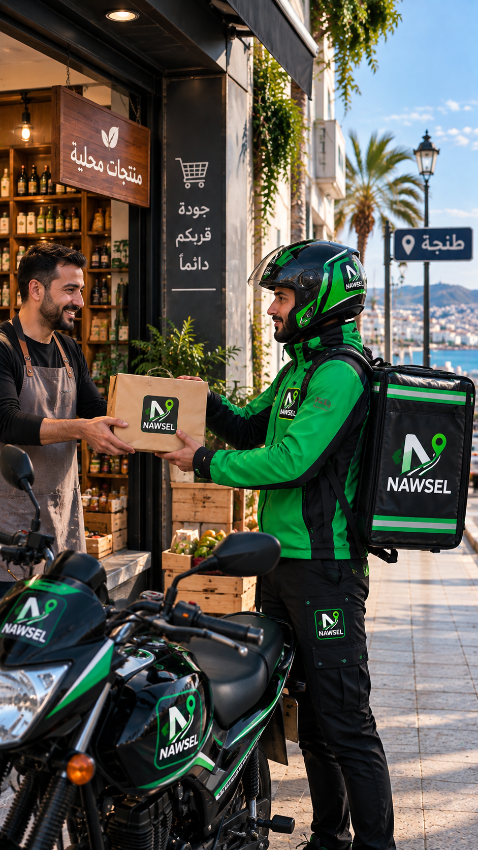 Livreur NAWSEL remettant un colis à un commerce à Tanger