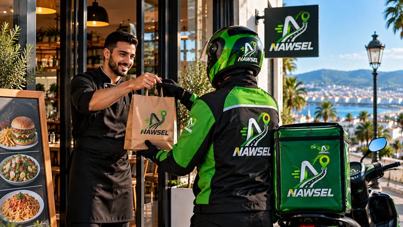 Un restaurateur de Tanger remet une commande à un livreur NAWSEL