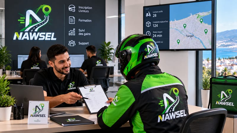 L'équipe NAWSEL au bureau de Tanger, avec un livreur en tenue NAWSEL